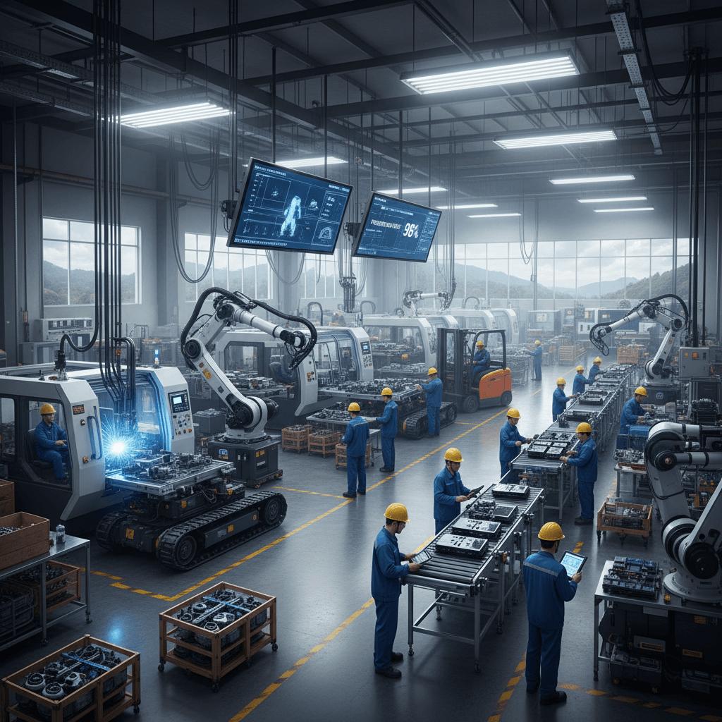 Worker monitoring machinery on a clean factory floor
