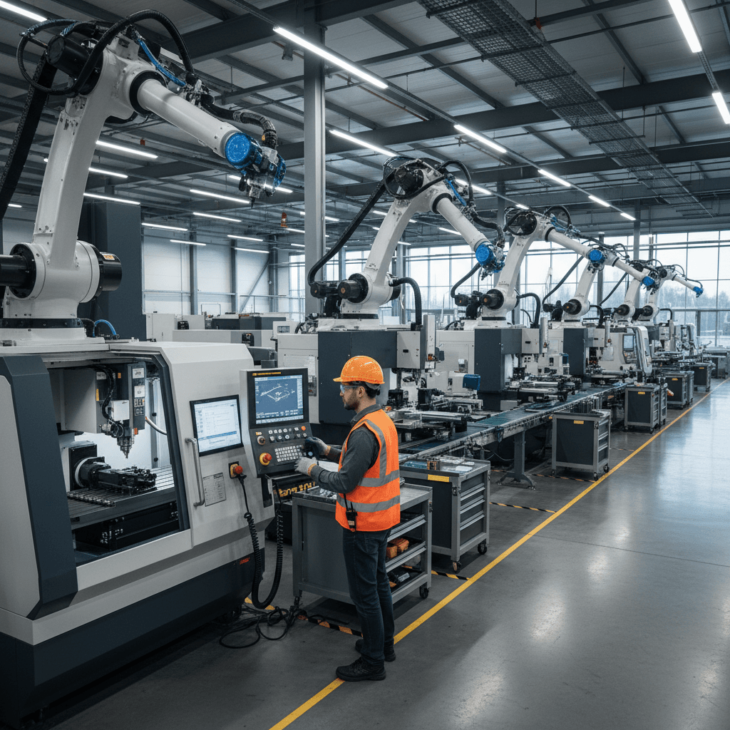 Factory floor with precision machinery and a worker in a safety vest