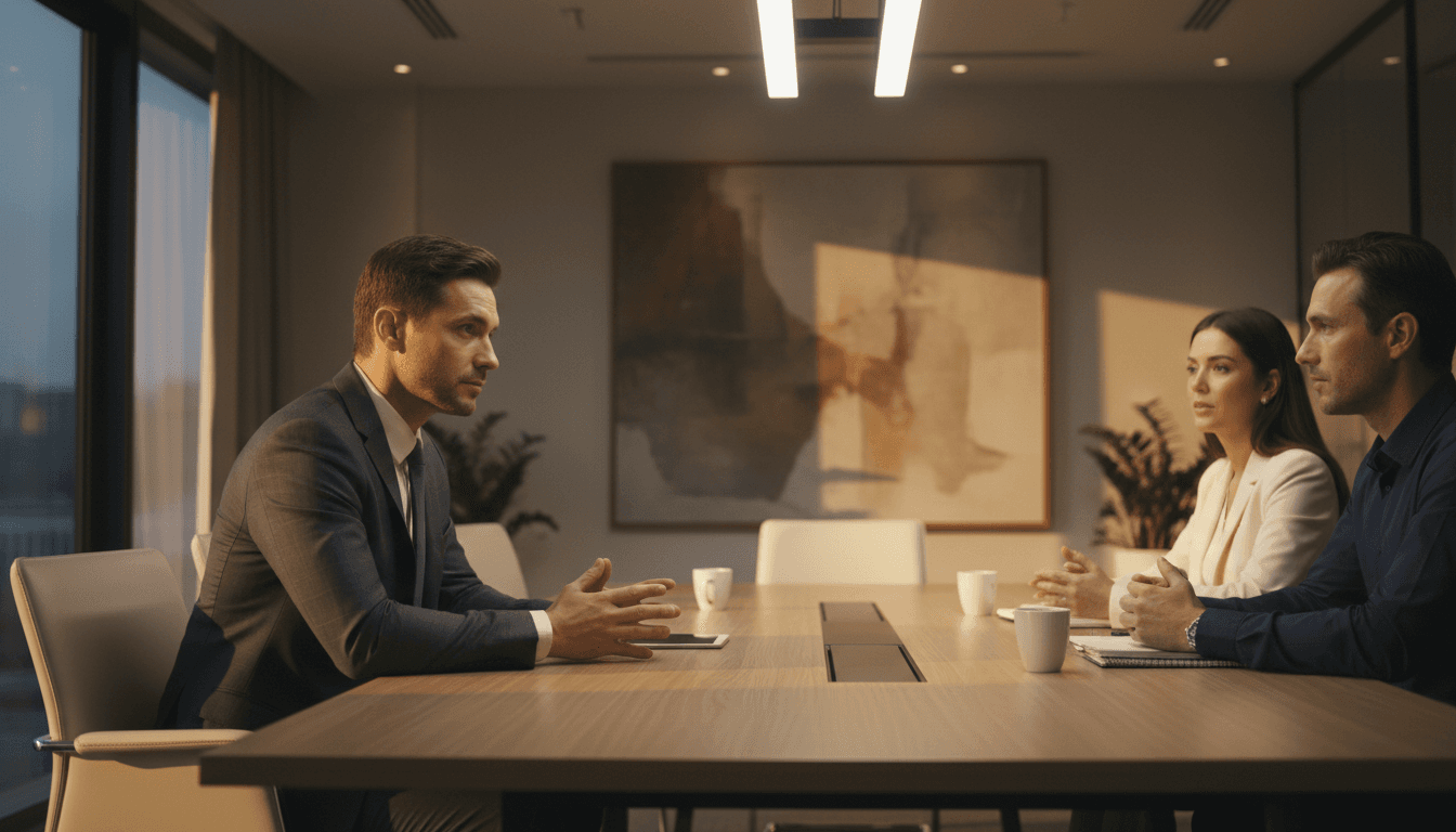 Professional businessman in a quiet office meeting, deep in thoughtful conversation