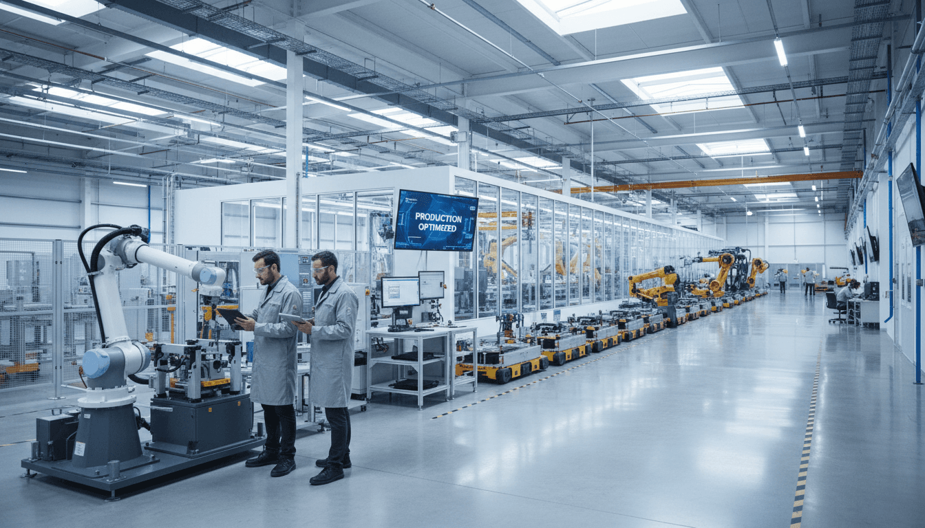 Modern manufacturing facility with engineers and machinery