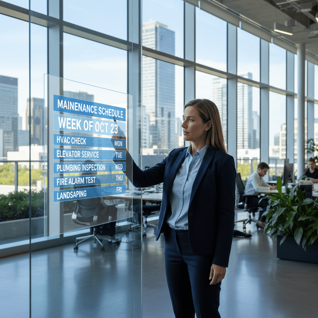 Facility manager walking through a commercial building with a clipboard