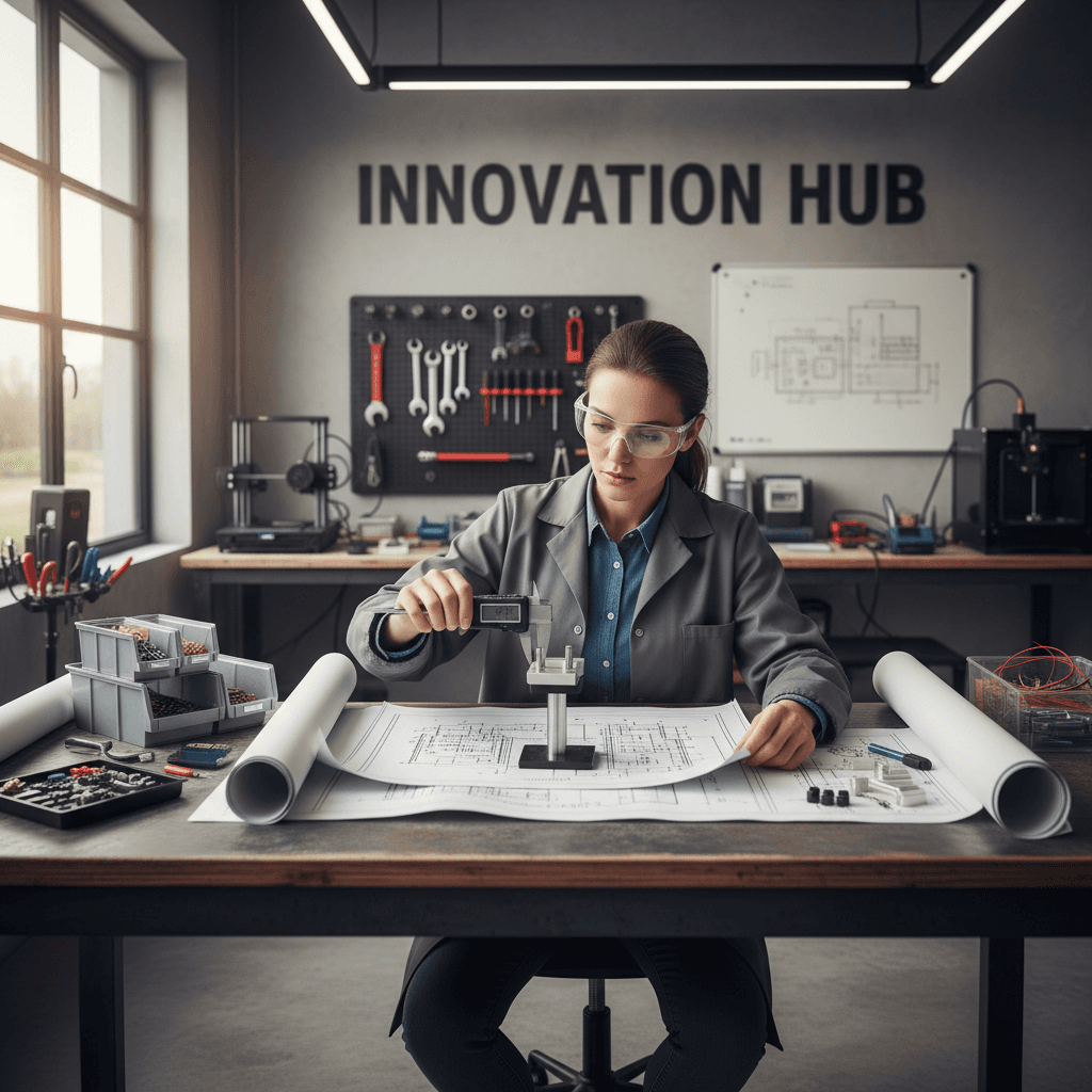 Engineer examining technical drawings in a workshop
