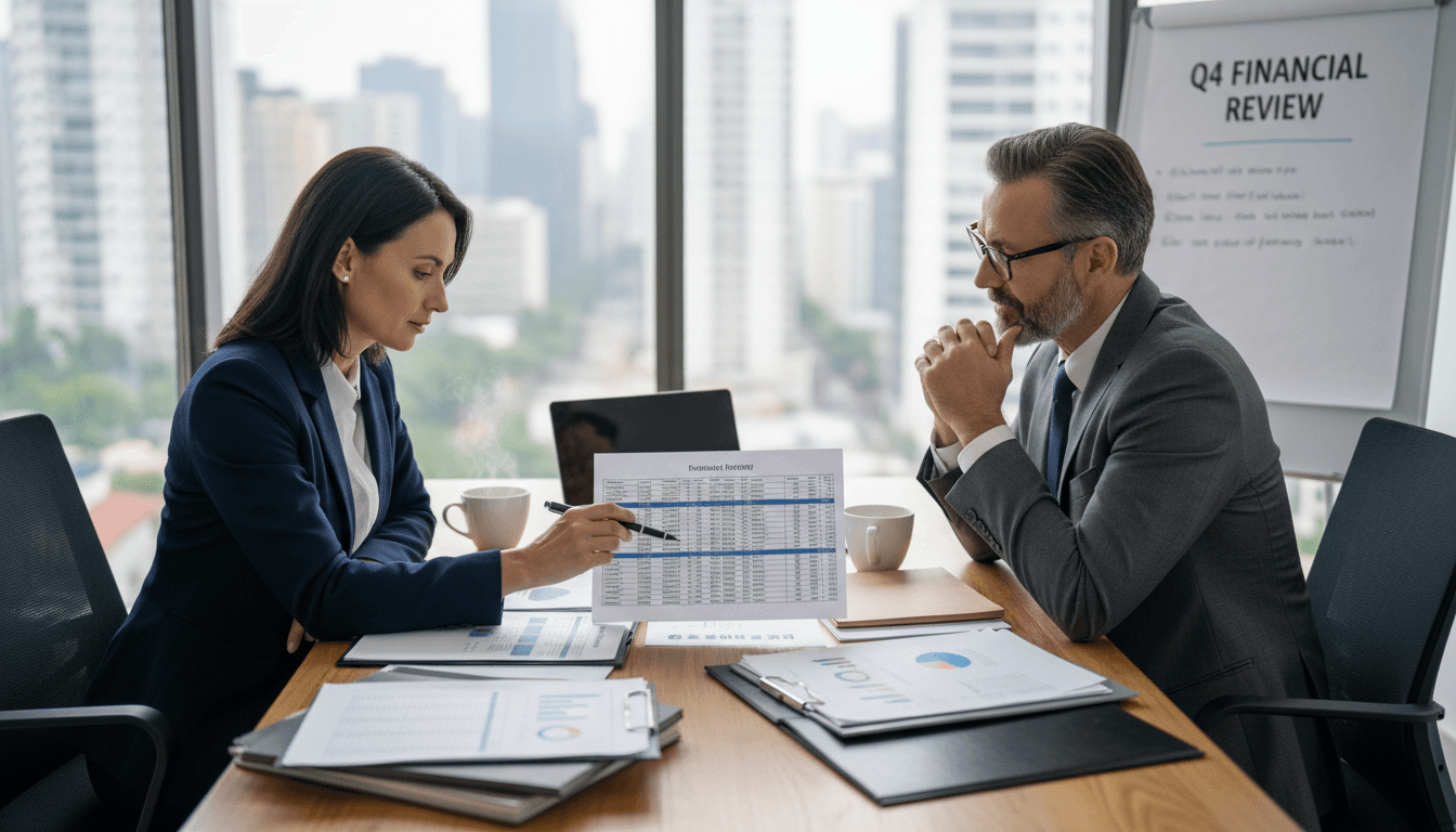 Business owner reviewing documents with an advisor at a desk