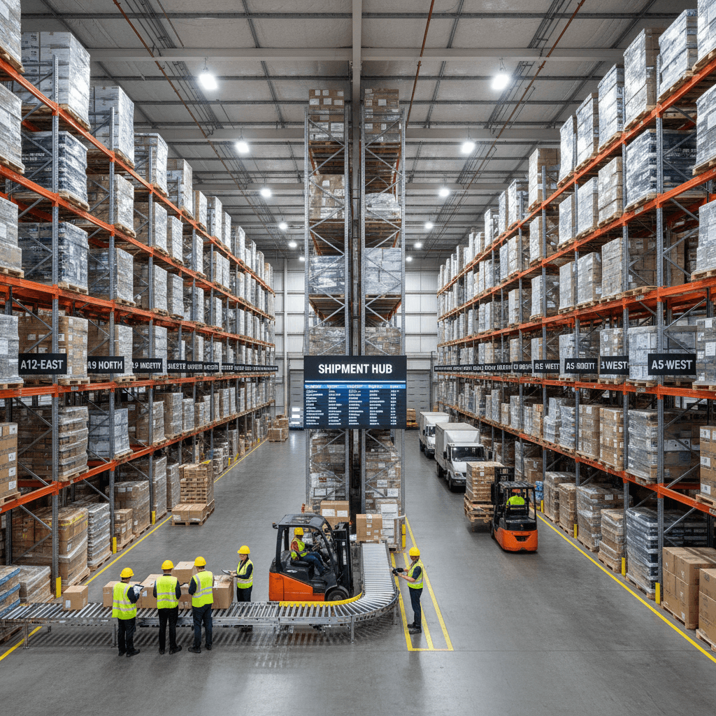 Warehouse workers managing inventory in a logistics center