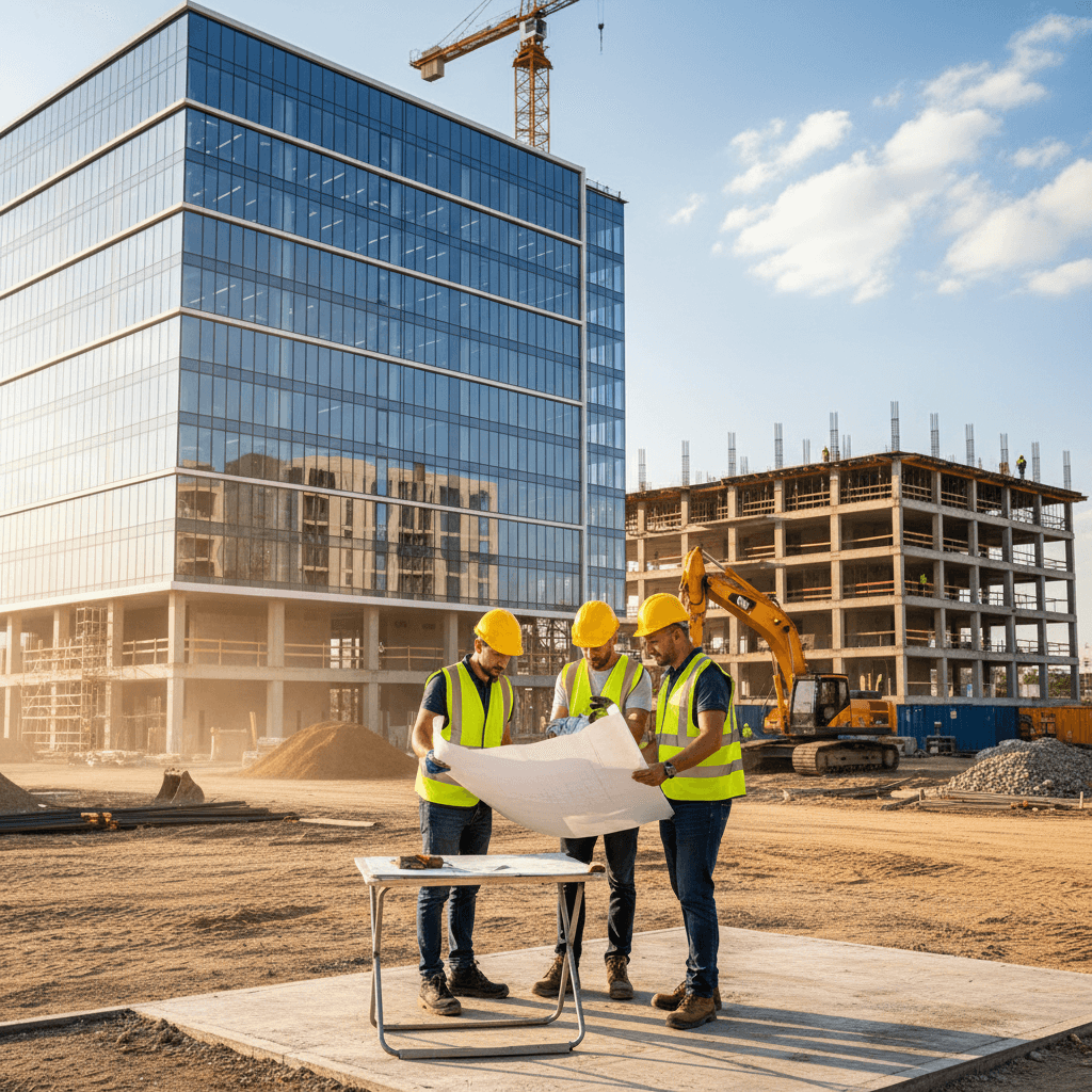 Construction workers reviewing blueprints at a building site