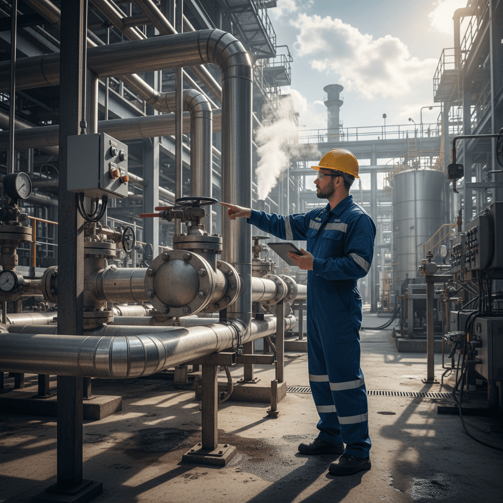 Technician inspecting large industrial equipment