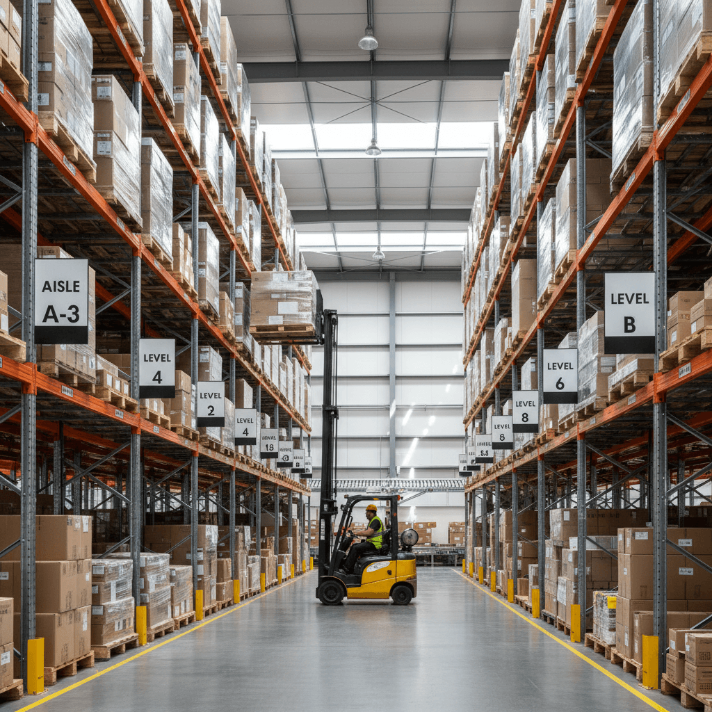 Logistics warehouse interior with organized shelves and a forklift