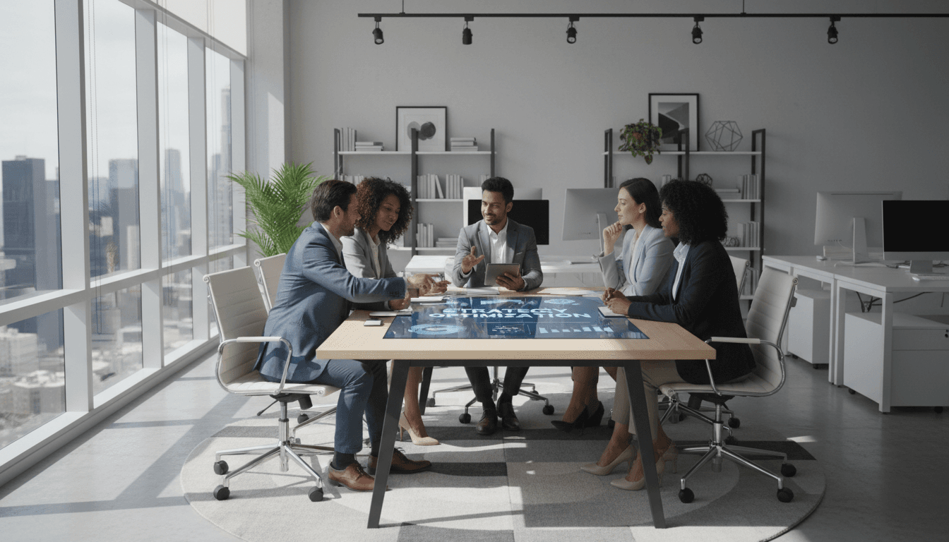 Business team collaborating in modern office with natural light surroundings